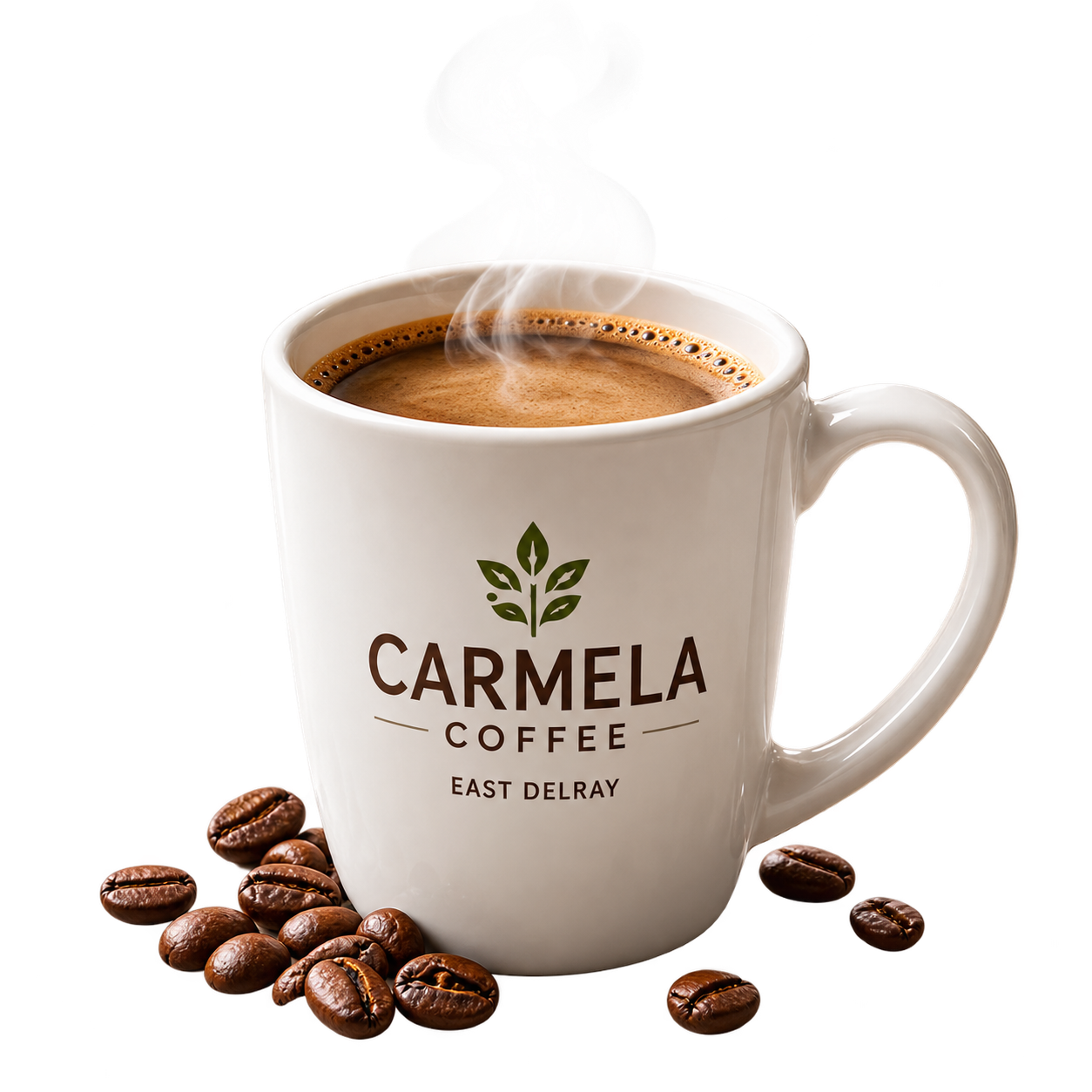 Steaming white Carmela Coffee mug